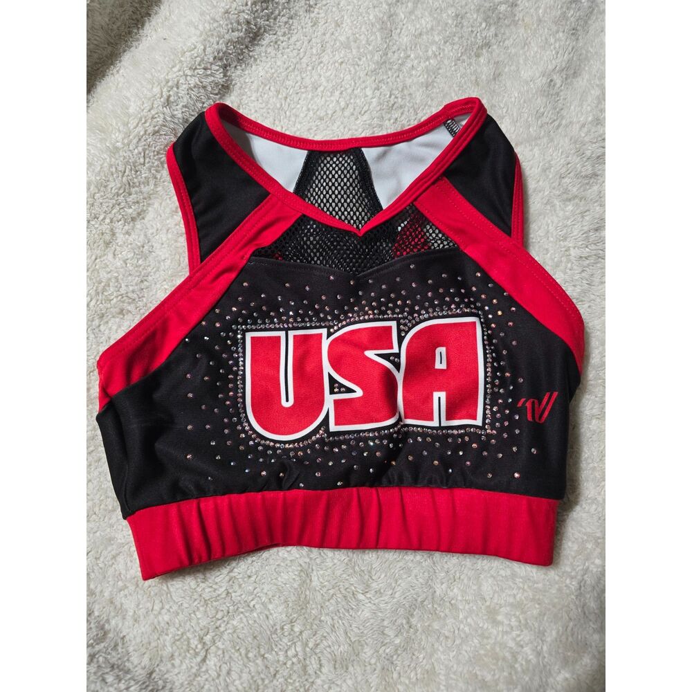 Varsity Spirit USA Rhinestone Mesh Cheer Sports Bra Crop Top Red Black S